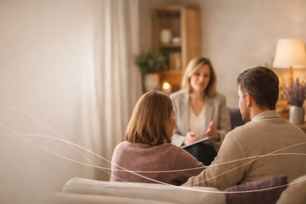 Couple en consultation avec une sexothérapeute dans un cabinet professionnel, illustrant l’accompagnement encadré par l’Association Européenne de Sexothérapie et de Thérapie de Couple.